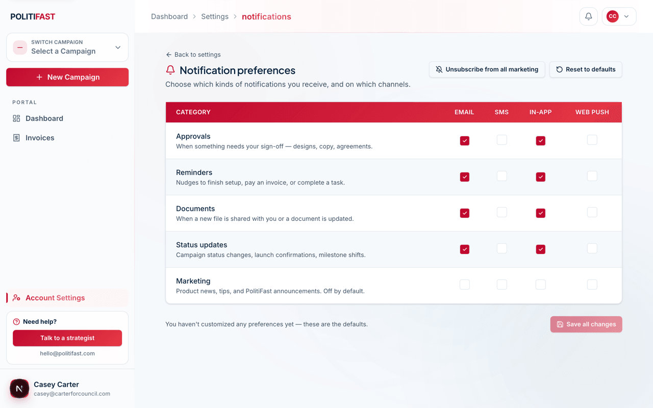 The notification preferences page