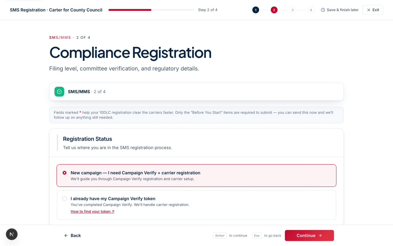 The SMS compliance registration wizard