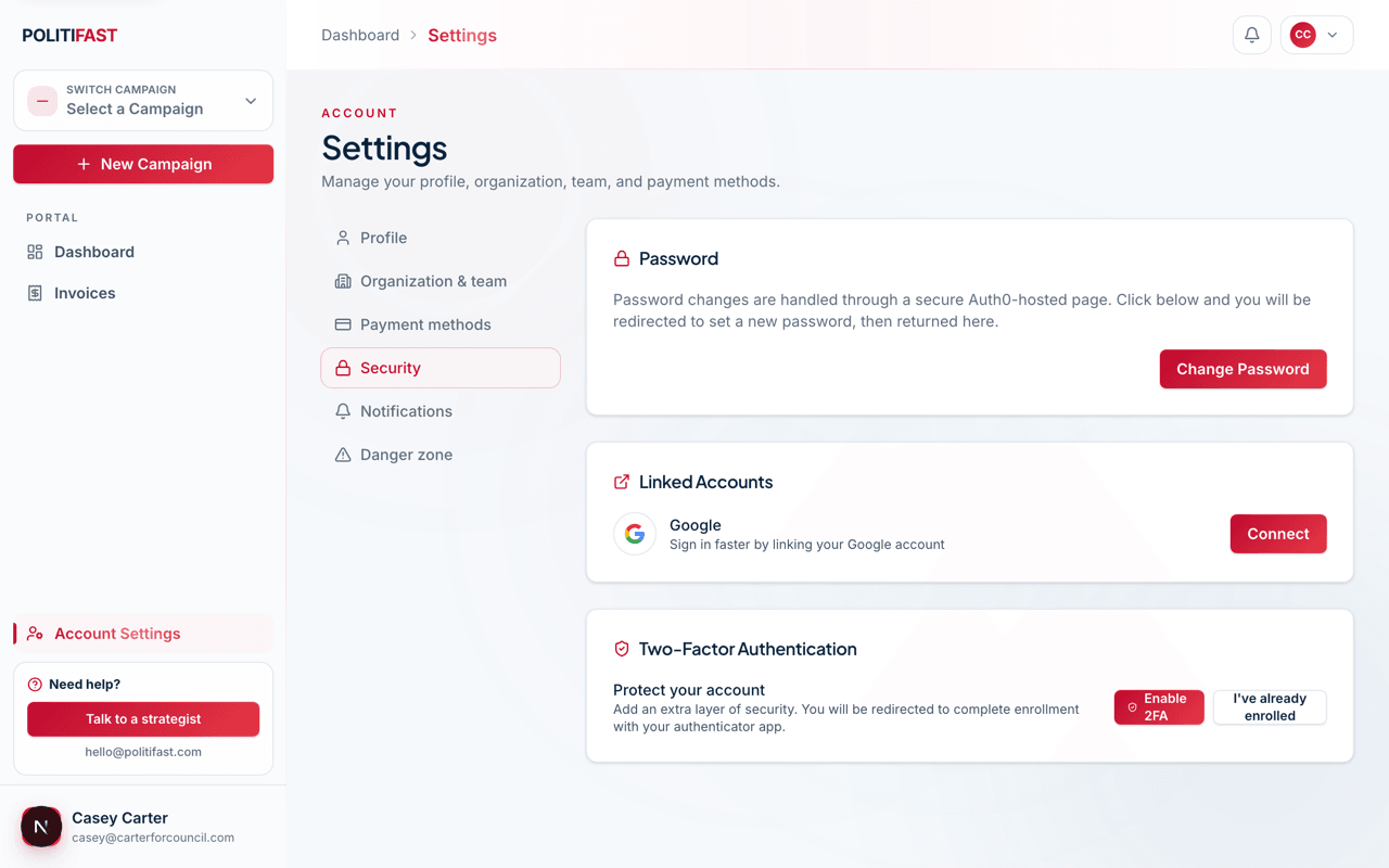 The Security tab with password, linked accounts, and two-factor authentication